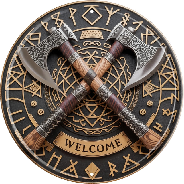 CSWLJS Vintage Round Metal Axe “WELCOME” Sign – 8x8″ Wall Decor for Home, Porch, Garage, Man Cave, Viking Lodge – Durable Indoor/Outdoor Gift