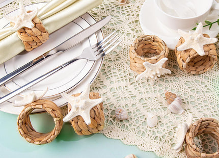 JQAQJU Woven Water Hyacinth Napkin Rings Set of 6 with Starfish