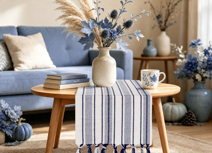 Blue and White Table Runner 36 inch, Small Navy Blue Coastal Dresser Scarf
