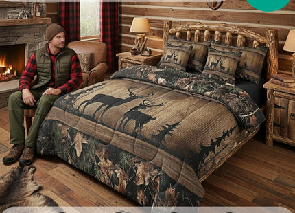 Erosebridal Rustic Cabin Bedding Sets 7 Piece Camo Hunting Deer Comforter Set Queen Farmhouse Woodland Animal Bed in A Bag for Kids Boys Teen Men,Tree Camouflage Wildlife Sheet Set with Comforter