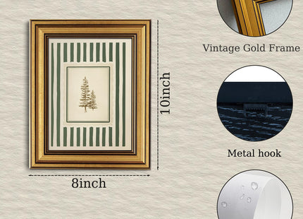 Vintage Gold Framed Wall Art Green Striped Pine Tree Botanical Canvas Print