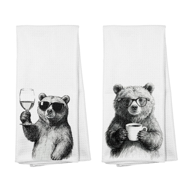 GTYNU Funny Black Bear Kitchen Towels Set of 2, Gifts for Women,Housewarming Gifts,Coffee and Wine Bear Dish Towels for Kitchen Decor, Cute Wildlife Lover Hand Towel for Bathroom, 16x24 Inch
