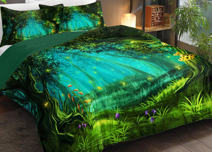 SOULZZZ Forest Comforter Set Queen Size Premium Microfiber Green Forest Mushroom Butterfly Flower Pattern Comforter 3 Piece Aesthetic Green Bedding Set with 2 Pillow Shams