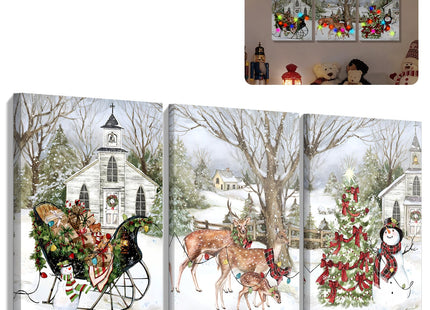 YAKESD Christmas Pictures Wall Decor, 3 Piece Sleigh Deer Snowman Poster Prints for Holiday Wall Decor, Merry Christmas Canvas Wall Art for Kitchen Bathroom Living Room