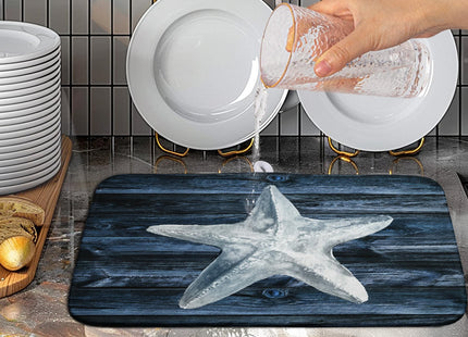 Wnoesat Coastal Starfish Dish Drying Mat Dark Blue Ocean Animal Print Drying Mats Microfiber Reversible Absorbent Dishes Pad Drainer Rack Mats for Kitchen Counter Sink 16x18 Inch