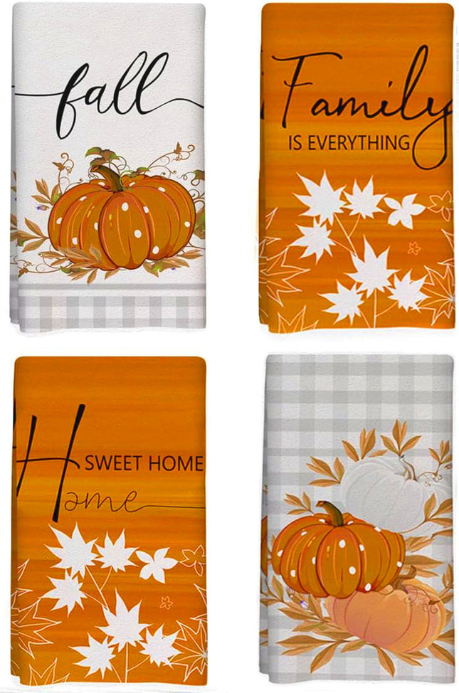 Orange Maple Leaf Hello Pumpkin Fall Kitchen Towels Set of 4, 18x26 Inch