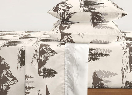 Wake In Cloud - Rustic Bed Sheets, 4-Piece Sheet Set, Cabin Forest Woodland Camping Theme with Lodge Mountain Pattern Printed Bedding, Deep Pocket, Beige Brown, Queen Size