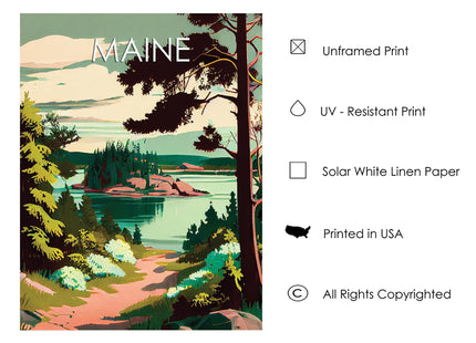 HomeArtPrint Maine Scenery Art Print, Maine Poster Wall art Decor, Maine State Map Travel Poster, Home Office Wall Decoration, Bedroom, Living Room Artwork. (Maine A, 11x14 inches (Unframed))