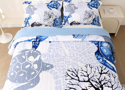 3 Piece Coastal Quilt Set King Size,Soft Lightweight Ocean Quilt,Beach Turtle Starfish Coral Printed Bedspread Bed Set with 2 Shams,Summer Quilt Bedding Set for All Season (106”x96”,Navy Blue)