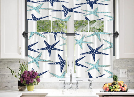BaoNews Nautical Navy Blue Coastal Blackout Tier Curtains, Navy Blue Coastal Nautical Starfish Repeat Pattern Half Window Drapes for Kitchen with Rod Pocket,Room Darkening 2 Pack 26X24 Inches