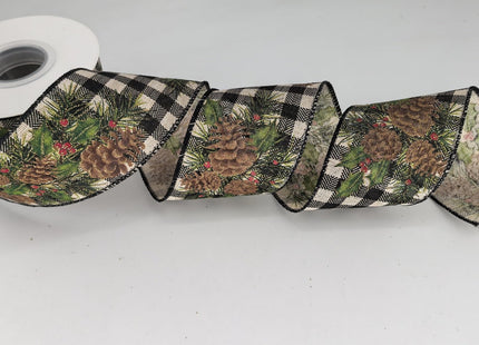 HATIANGE Pinecone Christmas Burlap Ribbon with Black White Plaid Wired Ribbon, 2-1/2 Inch x 11Yards, for Xmas Home Decor, Gift Wrapping, Bow Making, Wreath, DIY Crafts