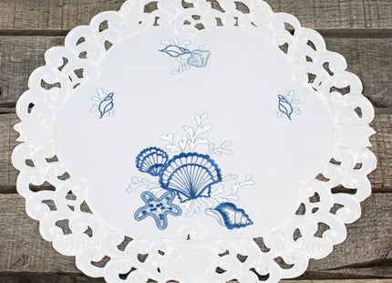 Embroidered Blue Seashell Beach on White Round Doily, Placemat (15 Inch Round)