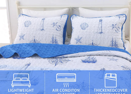 Coastal Nautical Quilt Set, King Size Beach Coverlet Blue Watchtower Sailboat Compass Bedspread, Ocean Beach Themed Bed Cover Microfiber Soft Lightweight bedding sets for All Seasons (106"×92")
