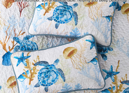 DJY Ocean Coastal Quilt Queen Size, 3 Pcs Sea Turtle Theme Bedspread Set