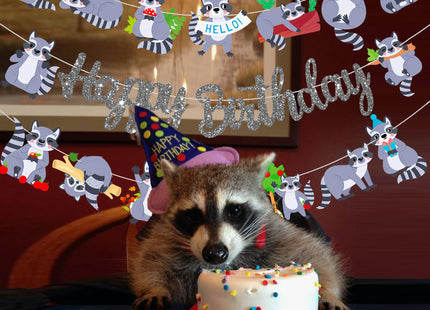 Raccoon Happy Birthday Banners Silver Woodland Party Decoration Themed Cutout for Lover Birthday Woodland Animal Baby Shower Supplies