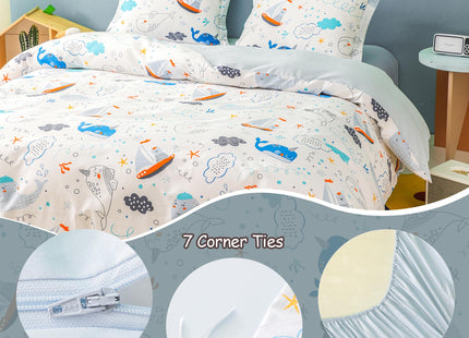 Simple&Opulence 100% Organic Cotton Duvet Cover for Kids Teens, 3 Pieces Soft Comforter Cover with Zipper Closure Cool Boy Girl Sea Sailboat Ocean Bedding Set - Whale, Twin