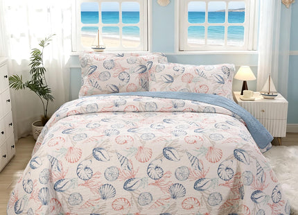 SUCSES 100% Cotton Coastal Quilts Bedding 3Pcs King Ocean Blue Quilt Nautical Conch Summer Comforter Reversible Lightweight Bedspread Coverlet with 2 Pillow Shams for All Season
