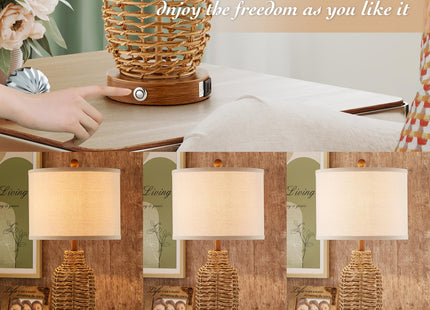 YIMNOVP Rattan Table Lamps Set of 2 Wicker Lamps 3 Way Dimmable Touch Control Farmhouse Rustic Coastal Lamps with USB Port for Bedroom Living Room Office (LED Bulbs Included)