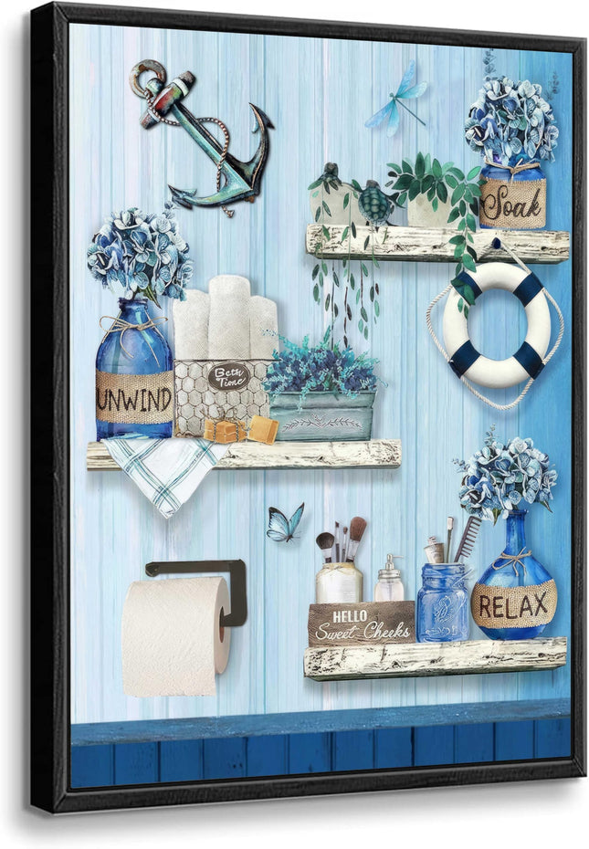 Framed Navy Blue Bathroom Wall Art Farmhouse Flower And Anchor Turtle Pictures Wall Decor Blue Bathroom Picture Canvas Print For Washroom Home Painting16x12 Inch