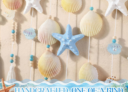Wenqik Beach Coastal Wall Decor Handmade Ocean Themed 15.75 Inch Boho Wall Art with Starfish Seashells Blue White Beaded Tassel Hanging on Wooden Rod for Farmhouse Bathroom Bedroom Kitchen Dining Room