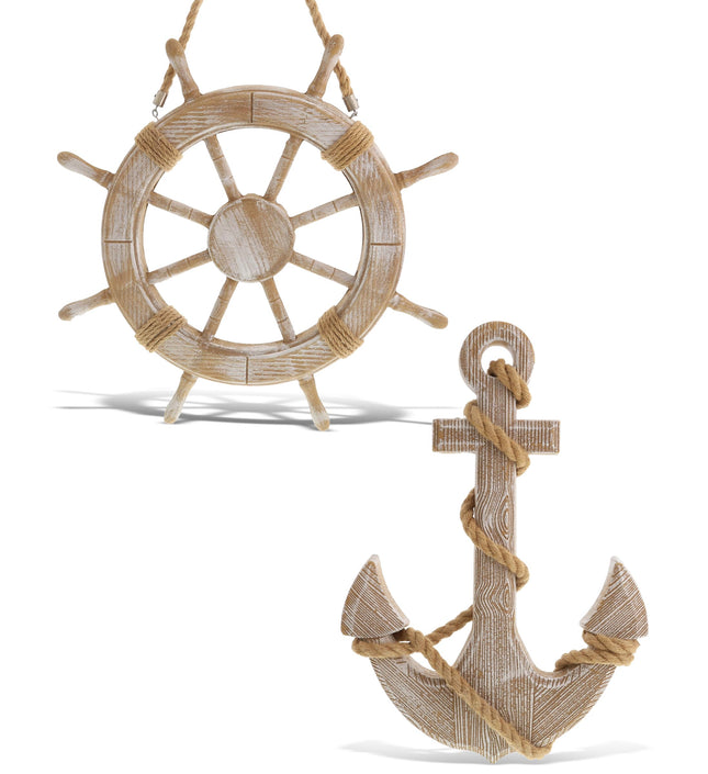 CoTa Global Baja Beach Wall Decor Anchor and Ship Wheel Set - Handmade and Crafted Wooden Anchor and Wheel with Ropes for Hanging, Nautical Themed Home Decor, Boat Steering Decorative Coastal Ornament