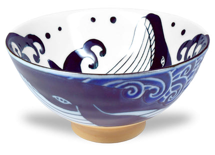 Mino Ware Japanese Rice Bowl, Rice Ramen Noodle Soup Sarada Pasta, Wave Whale Chawn, 4.6 inch 10oz
