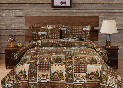 Oliven Cabin Bedding Quilt Twin Size Lodge Patchwork Quilt Set Rustic Bedspread Forest Huts Bear Duck Pine Cone Coverlet Summer Lightweight Plaid Bed Cover Pillow Shams