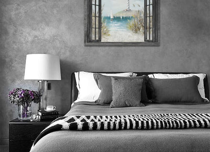 Nautical Lighthouse Wall Art Coastal Beach Ocean Sailboat Bathroom Pictures Wall Decor 3d Window Canvas Prints Framed Modern Seascape Landscape Painting Artwork for Living Room Offic 16"x12"