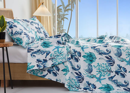 Hailea Beach Quilt Sets Full/Queen Size Ocean Theme Bedspread Coastal Bedding Set Blue Seahorse Starfish Shell Quilts Lightweight Reversible Bed Coverlet Soft Summer Bed Cover with 2 Pillowshams