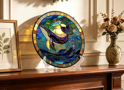 8 Inch Stained Glass Window Hanging Whale Sun Catcher with Display Stand – Mantel or Tabletop Decor for Living Room, Kids Room, Coastal Home, Ocean Marine Life Gift for Beach Lovers Nature Enthusiasts