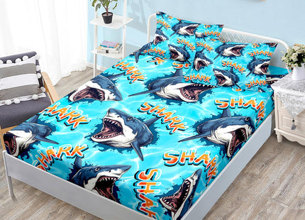 HOSIMA Shark Fitted Sheet Set Twin Size,3D Shark Pattern Ocean Theme Twin Bedding Set for Kids Boys,Sea Animal Collection Deep Pocket for Ocean Bedroom Decor,1 Fitted Sheet+2 Pillowcases.