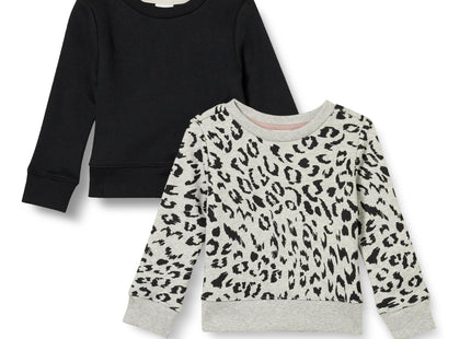 Amazon Essentials Girls' Pullover Fleece Crewneck Sweatshirts, Soft Brushed Fleece, Pack of 2, Black/Light Grey Heather Leopard, Medium