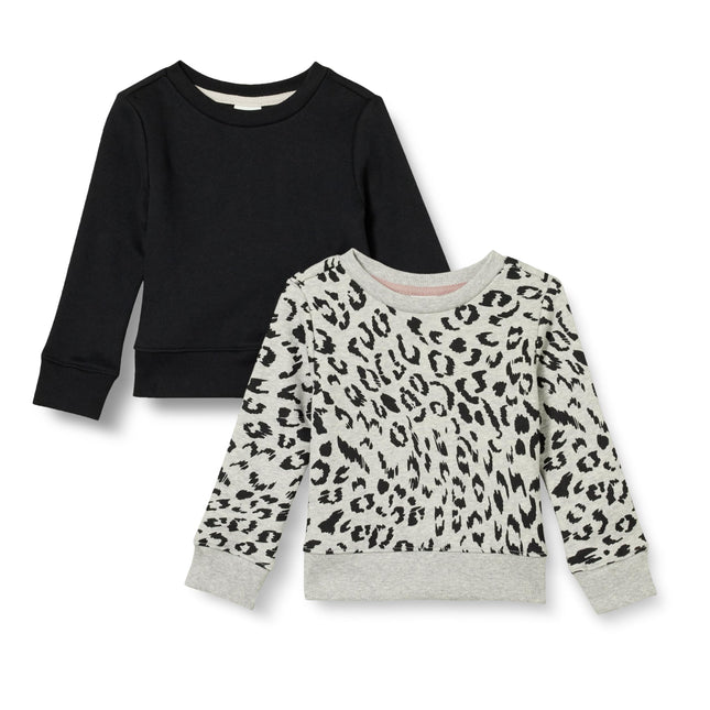 Amazon Essentials Girls' Pullover Fleece Crewneck Sweatshirts, Soft Brushed Fleece, Pack of 2, Black/Light Grey Heather Leopard, Medium