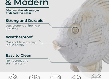 Coastal Fish Decorative Figurine – Handcrafted Polyresin Nautical Decor Sculpture – Figurines & Sculptures Home Decor for Office, Bedroom & Living Room – 10", Whitewash