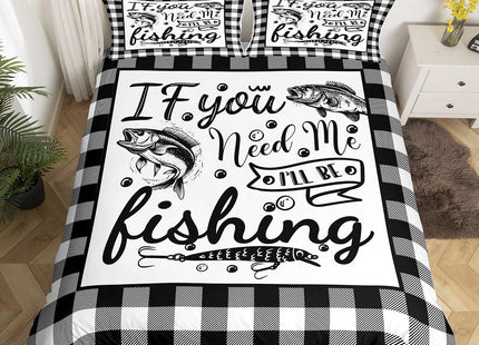 Pike Fish Duvet Cover, Hunting Fishing Comforter Cover for Kids Boys Teens Adult, Black White Geometric Plaid Grid Bedding Set Ocean Animal Sealife Quilt Cover with Zipper Corner Ties, Full