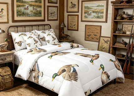 Feelyou Mallard Duck 7 Pieces Bed in a Bag Set Hunting and Fishing 7 PCS Comforter Set with Sheets Wild Animal Bed in a Bag for Boys Girls Kids Wildlife White Comforter Set with Sheets Queen Size