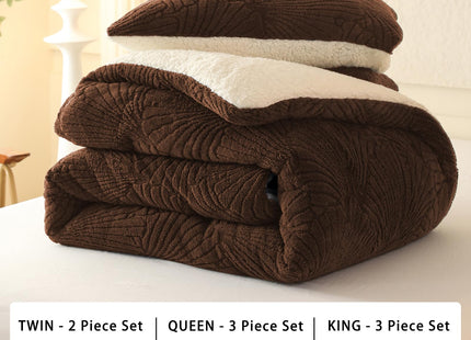tohrisa Seashell Jacquard Sherpa Comforter Set Warm Cozy Premium Bedding 3 Pieces, Full/Queen Size Geometric Pattern Quilt Comforter with 2 Pillowcases(90"X90" Coffee)