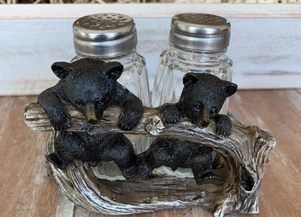 De Leon Collections Polyresin 2 Cute Woodland Black Bear Cubs Playing on Branch Rustic Cabin Salt and Pepper Shaker Holder Set