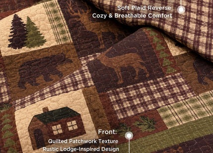 Rugs 4 Less Rustic Western Lodge Quilted Plaid Reversible Bedspread Set with Wildlife Imagery of Grizzly Bear Elk Buck and Pine Trees in Dark Brown - Alpine Trail (Full/Queen)