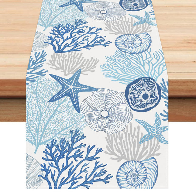 Bonhause Coastal Ocean Table Runner 13x72 Inch Summer Beach Starfish Coral Seashell Nautical Kitchen Dining Table Decoration for Indoor Outdoor Home Party Decor