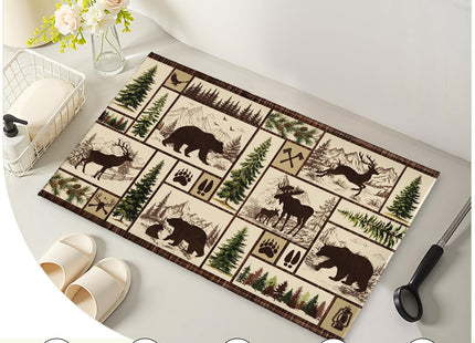 Evlaschin Rustic Bear Deer Bathroom Rug- Farmhouse Cabin Lodge Wildlife Bath Mats- Vintage Forest Tree Elk Moose Non-Slip Seasonal Bath Rugs 32"x20" for Shower Room Bathtub Sink Bedside
