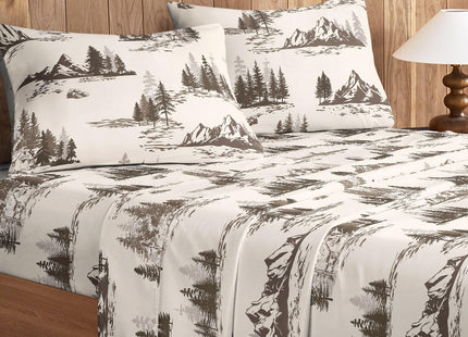 Wake In Cloud - Rustic Bed Sheets, 4-Piece Sheet Set, Cabin Forest Woodland Camping Theme with Lodge Mountain Pattern Printed Bedding, Deep Pocket, Beige Brown, Queen Size