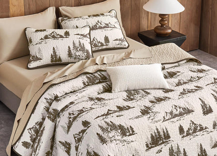 Wake In Cloud - Rustic Quilt Set, Cabin Forest Woodland Camping Theme with Lodge Mountain Print, Reversible Lightweight Bedspread Coverlet, 3 Pieces, Beige Brown, Queen/Full Size