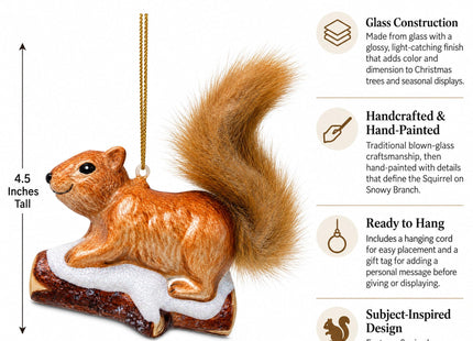 Squirrel on Snowy Branch Glass Christmas Ornament