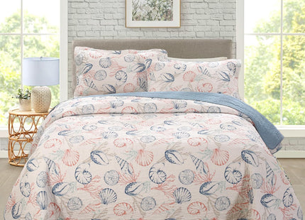 WINLIFE 100% Cotton Ocean Beach Quilt Set Blush Pink Queen Size 90''x98''