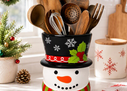Taesun Snowman Ceramic Utensil Holder, Christmas Kitchen Decor, 3D Snowman Countertop Storage Crock, Xmas Decorative Container for Cooking Utensils, Holiday Tabletop Home Party Decoration