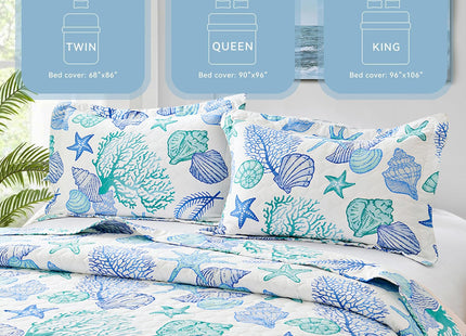 Ycosy 3 Piece Coastal Beach Quilt Set Twin Size Ocean Theme Bedding Set Blue Green Lightweight Bedspread Coverlet Shell Coral Conch Starfish Bed Covers Bedroom Decor with 2 Pillow Shams