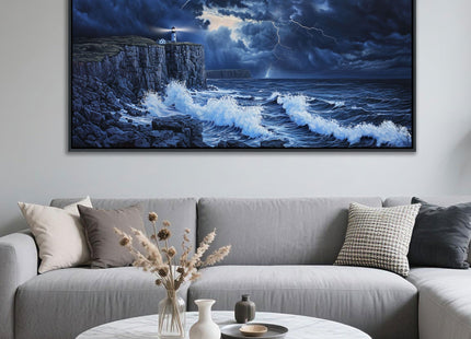 YDYSUNE Large Wall Decor- Ocean Canvas Painting Navy Blue Picture Framed Lighthouse Coastal Wall Art,Huge Waves Seascape Artwork for Living Room,Bedroom,Office Decoration
