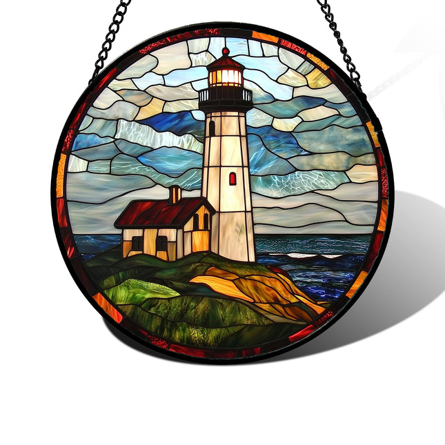 DASTOLL Stained Glass Window Hanging, Ocean Lighthouse Sun Catchers Glass Panel Blue Green Suncatcher Decor for Birthday for Women, Men, Wife, Aunt, and Mom 7.8 in