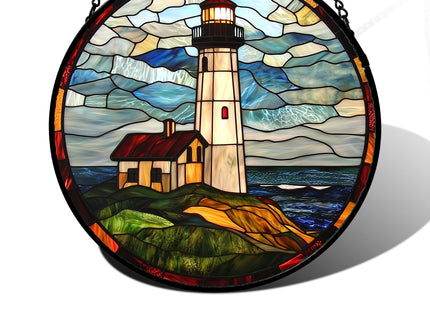DASTOLL Stained Glass Window Hanging, Ocean Lighthouse Sun Catchers Glass Panel Blue Green Suncatcher Decor for Birthday for Women, Men, Wife, Aunt, and Mom 6.3 in